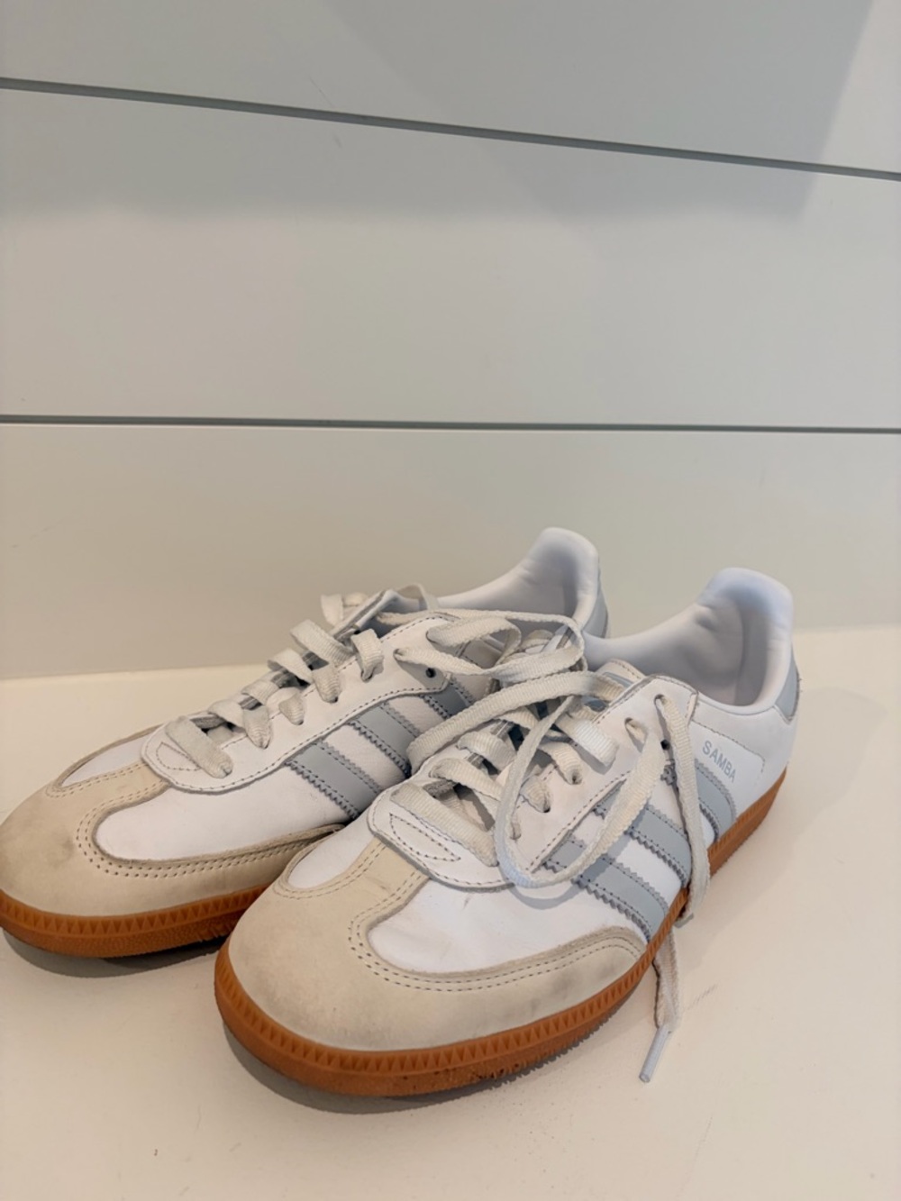 adidas Samba Sneakers in White with Gum Sole and Light Gray Stripes